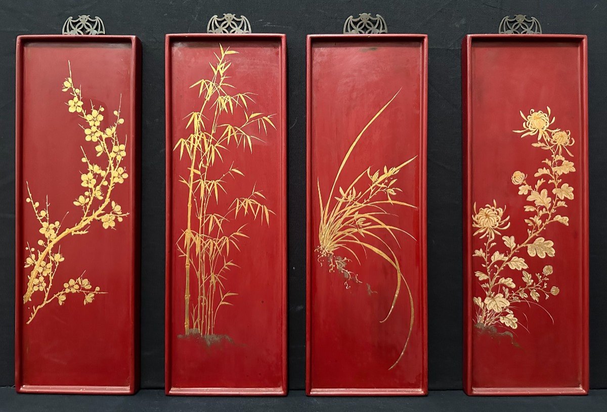 4 Red And Gold Lacquer Panels The Four Seasons By Thanh Le Vietnam Circa 1950