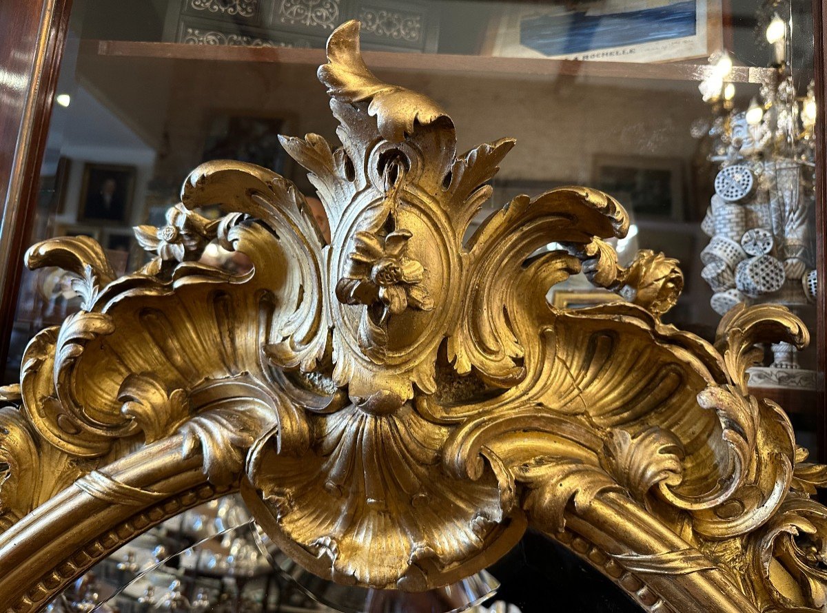 Grand Miroir Ovale Doré Rocaille Style Louis XV époque Napoléon III-photo-2