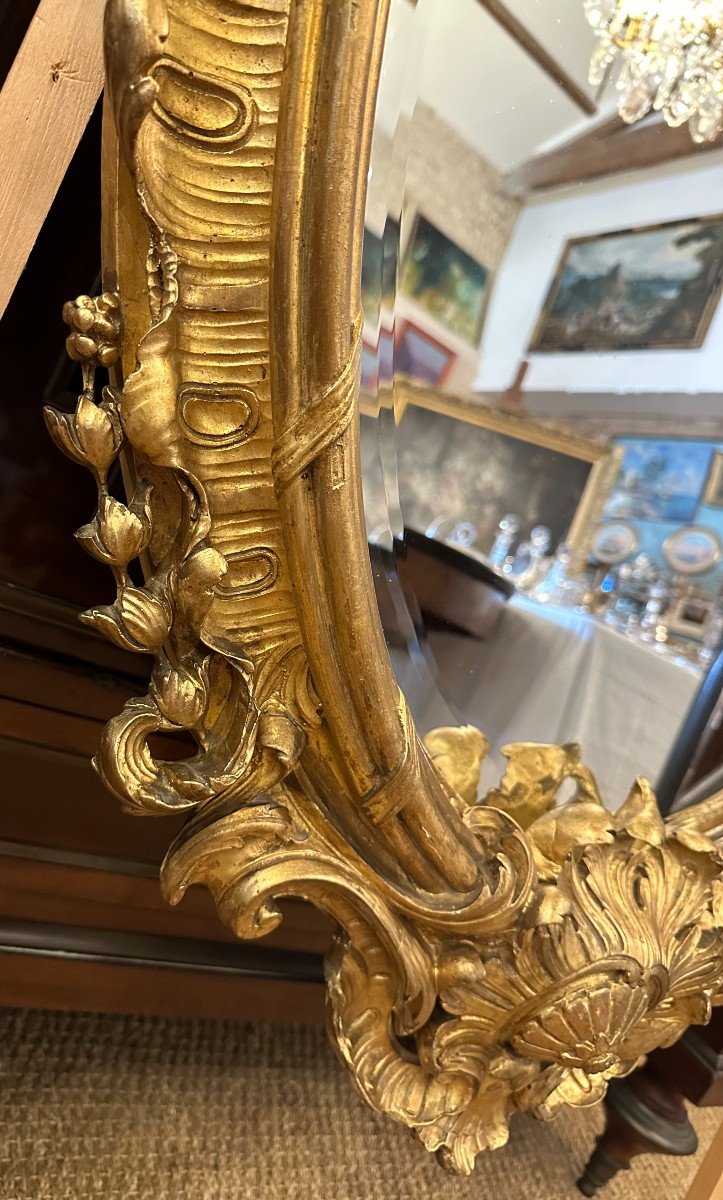 Grand Miroir Ovale Doré Rocaille Style Louis XV époque Napoléon III-photo-3