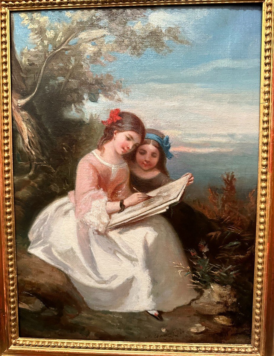 Painting Young Girls Drawing By M Chandenier 1860-photo-2