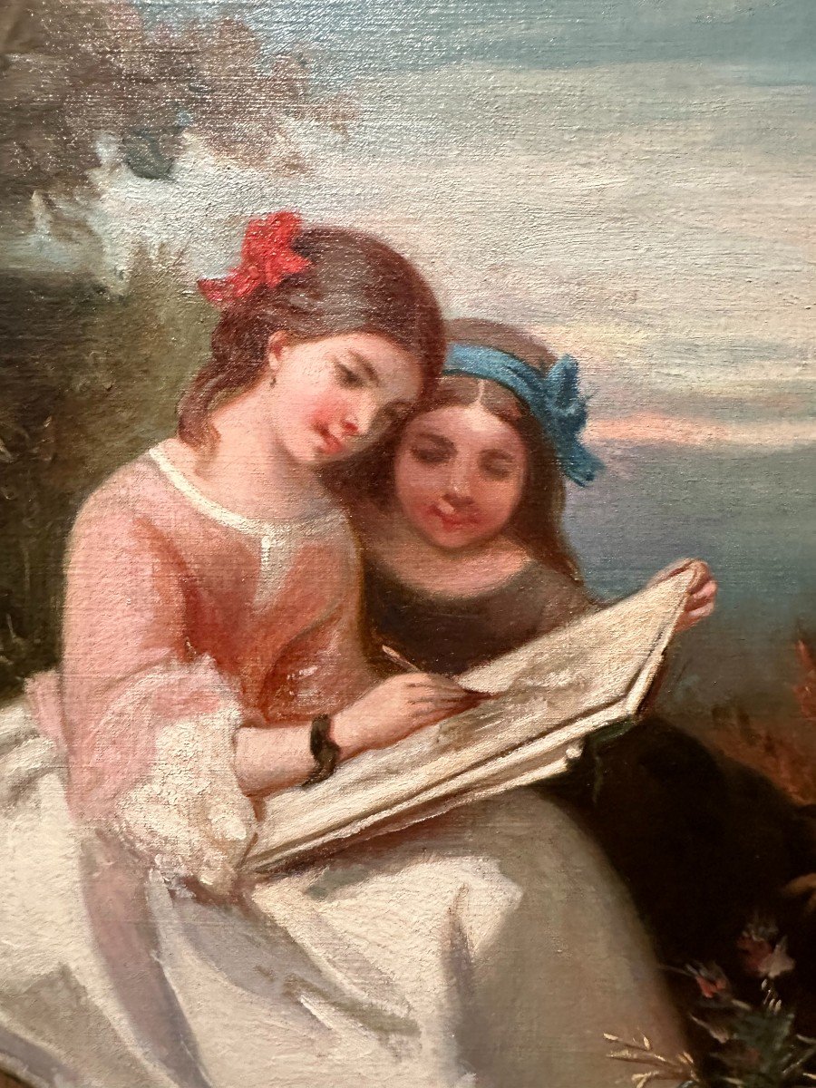 Painting Young Girls Drawing By M Chandenier 1860-photo-3