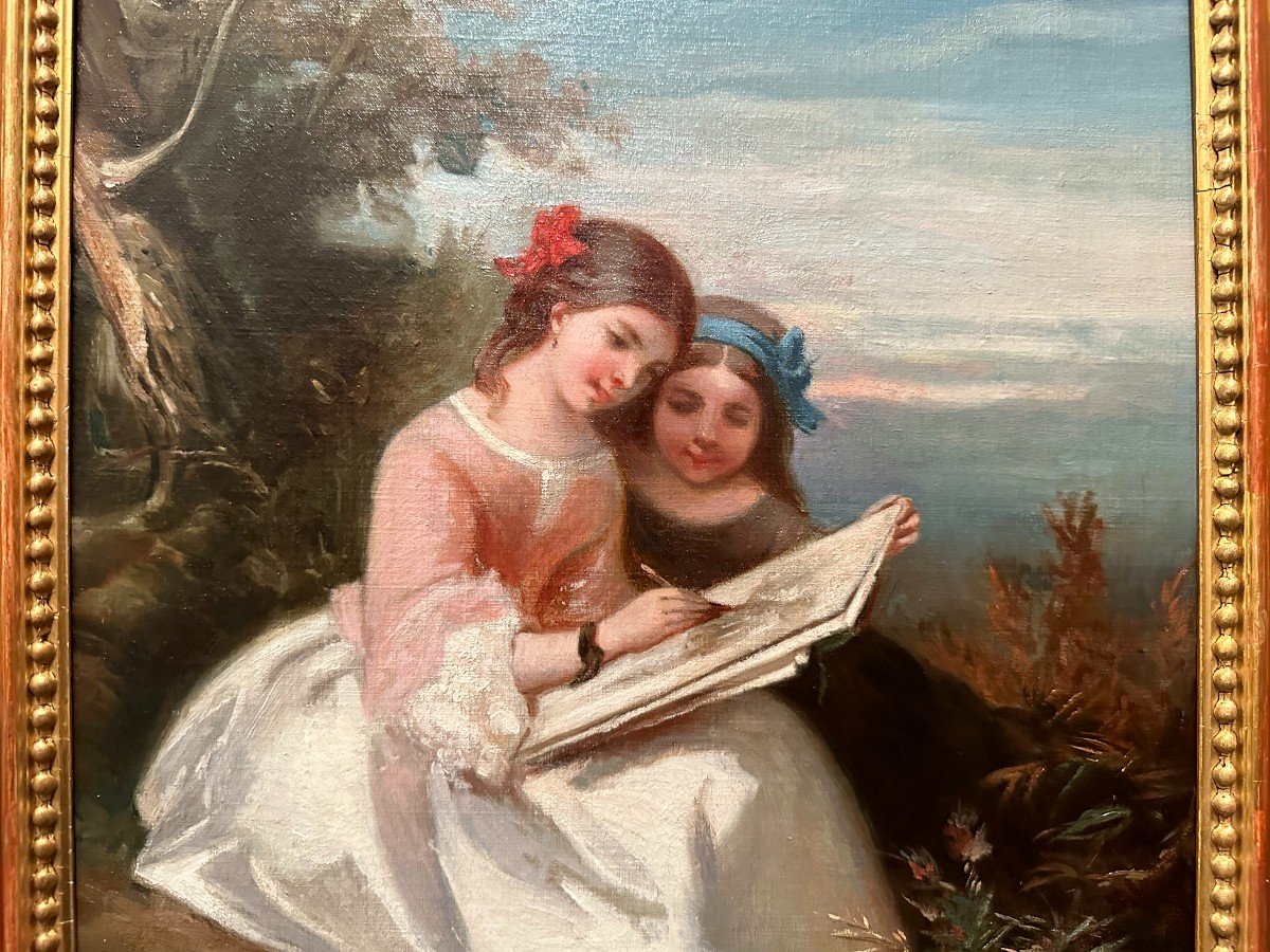 Painting Young Girls Drawing By M Chandenier 1860-photo-1