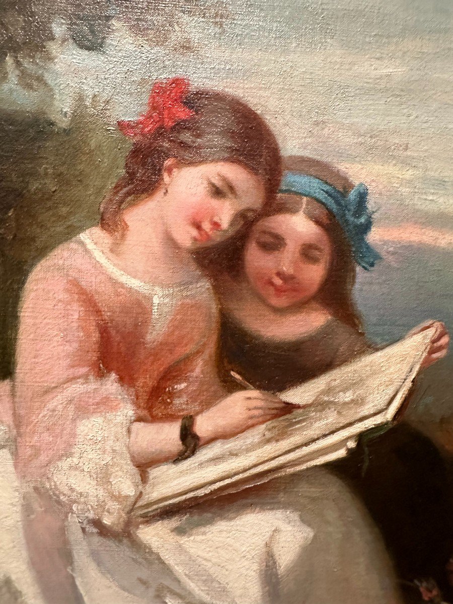 Painting Young Girls Drawing By M Chandenier 1860-photo-3