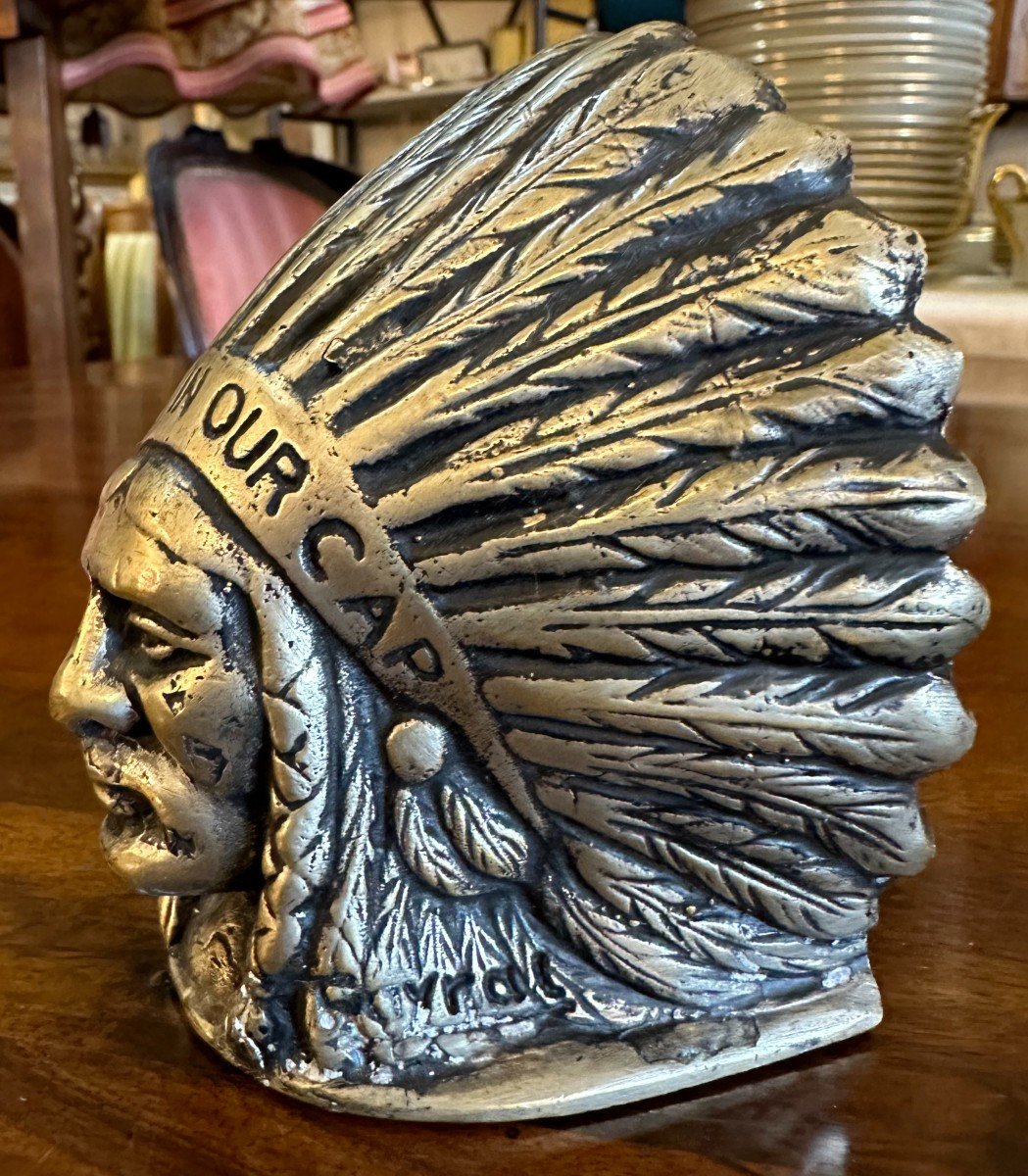 Indian Head Mascot In Silver Bronze By Fayral Pierre Le Faguays-photo-2