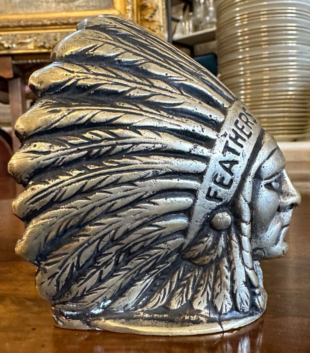 Indian Head Mascot In Silver Bronze By Fayral Pierre Le Faguays-photo-4