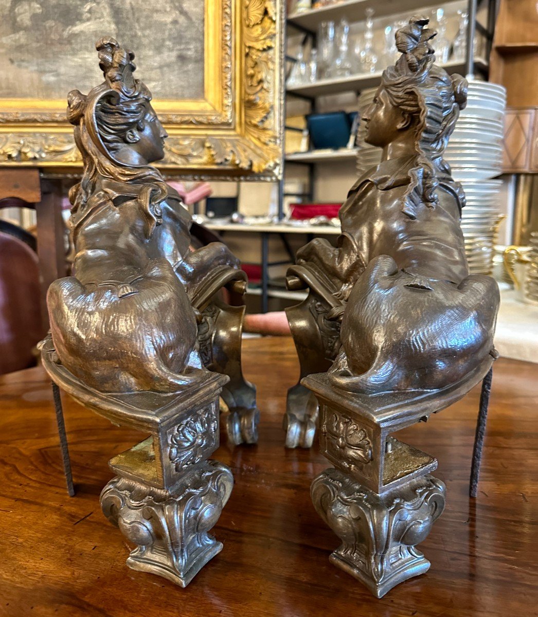 Importante Paire De Chenets En Bronze Aux Sphinges Style Régence époque Napoléon III 39 cm  -photo-4