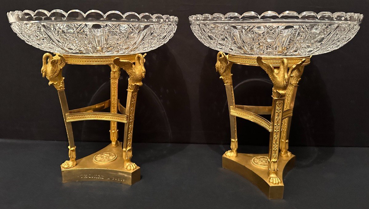 Thomire Pair Of Tazzas Cups With Swans Gilt Bronze And Crystal Empire Period-photo-2