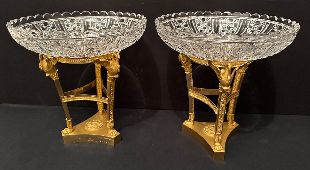 Thomire Pair Of Tazzas Cups With Swans Gilt Bronze And Crystal Empire Period