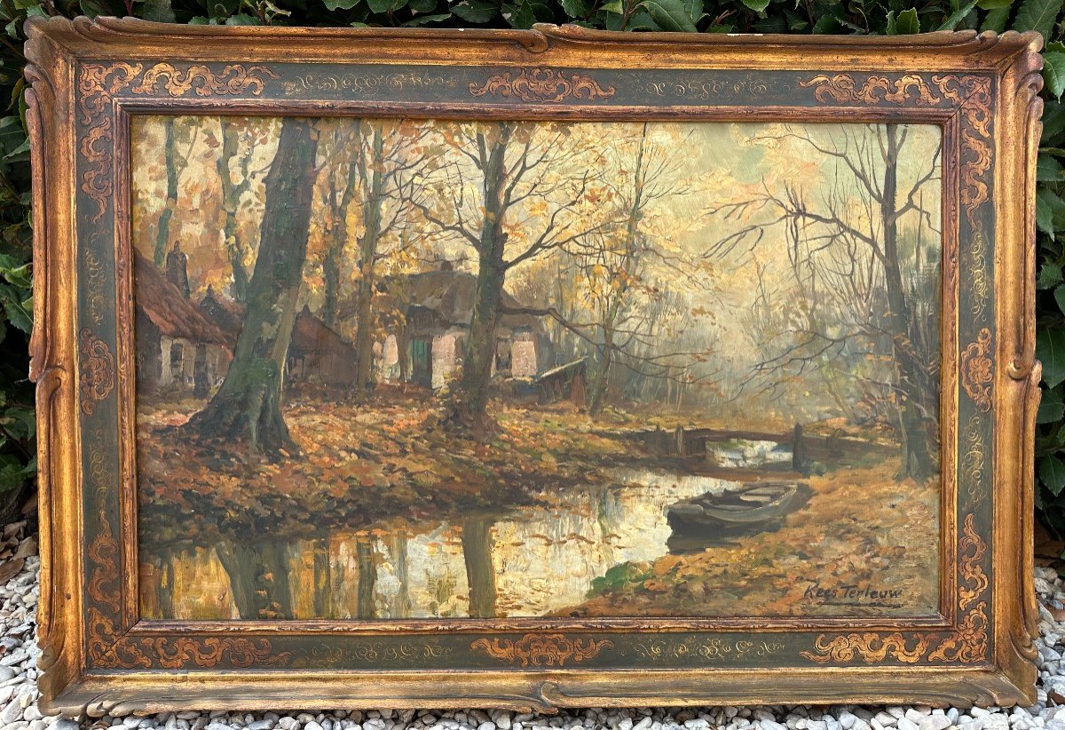 Painting Thatched Cottages By The River By Kees Terlouw Early 20th Century