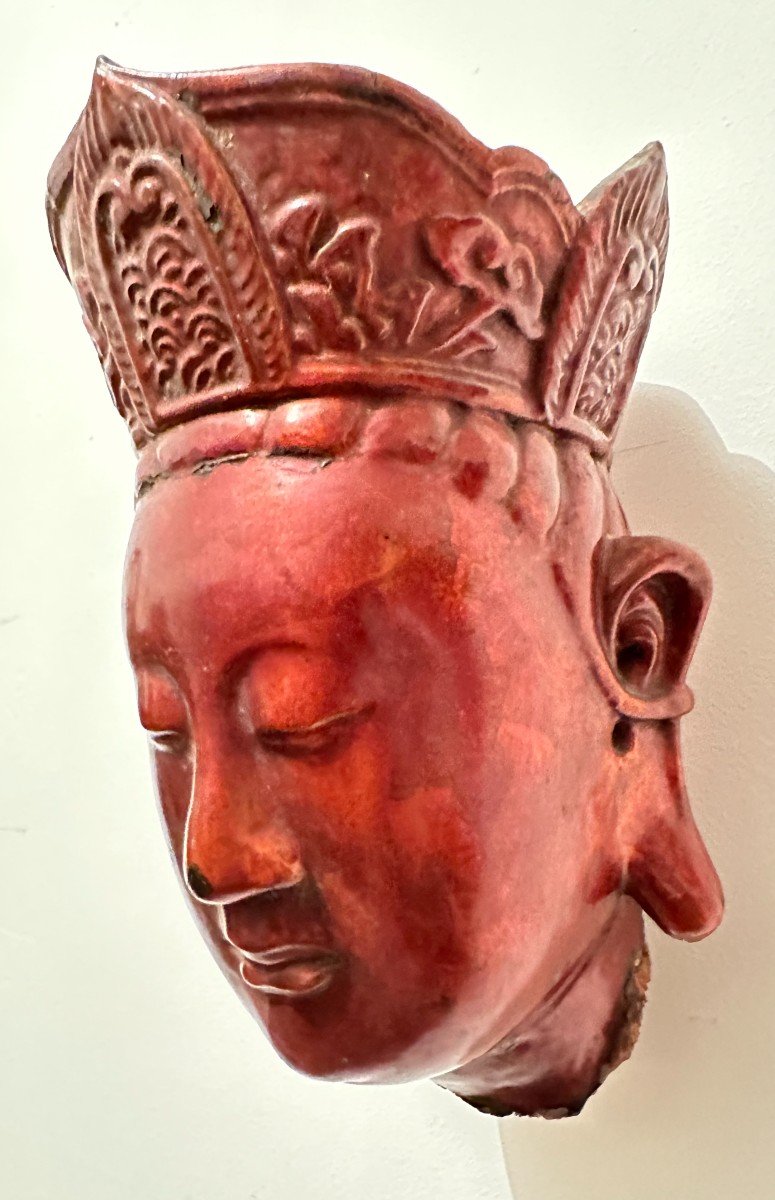 Vietnam Nha-ba-tha Head Of A Divinity In Gold-burnished Lacquered Wood, 19th Century-photo-3