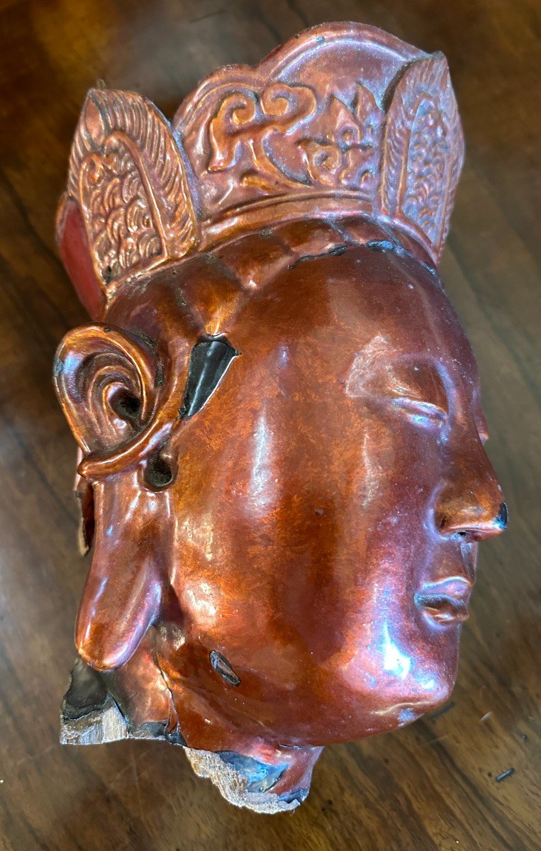 Vietnam Nha-ba-tha Head Of A Divinity In Gold-burnished Lacquered Wood, 19th Century-photo-4