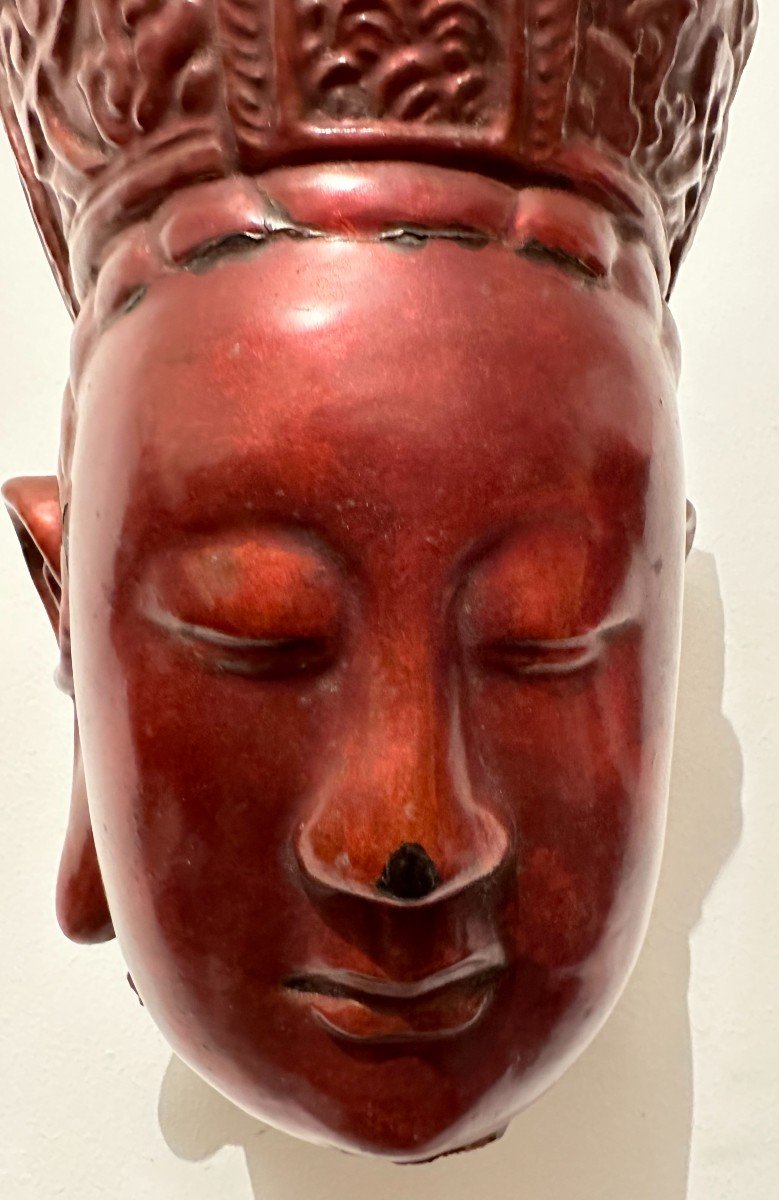 Vietnam Nha-ba-tha Head Of A Divinity In Gold-burnished Lacquered Wood, 19th Century-photo-3