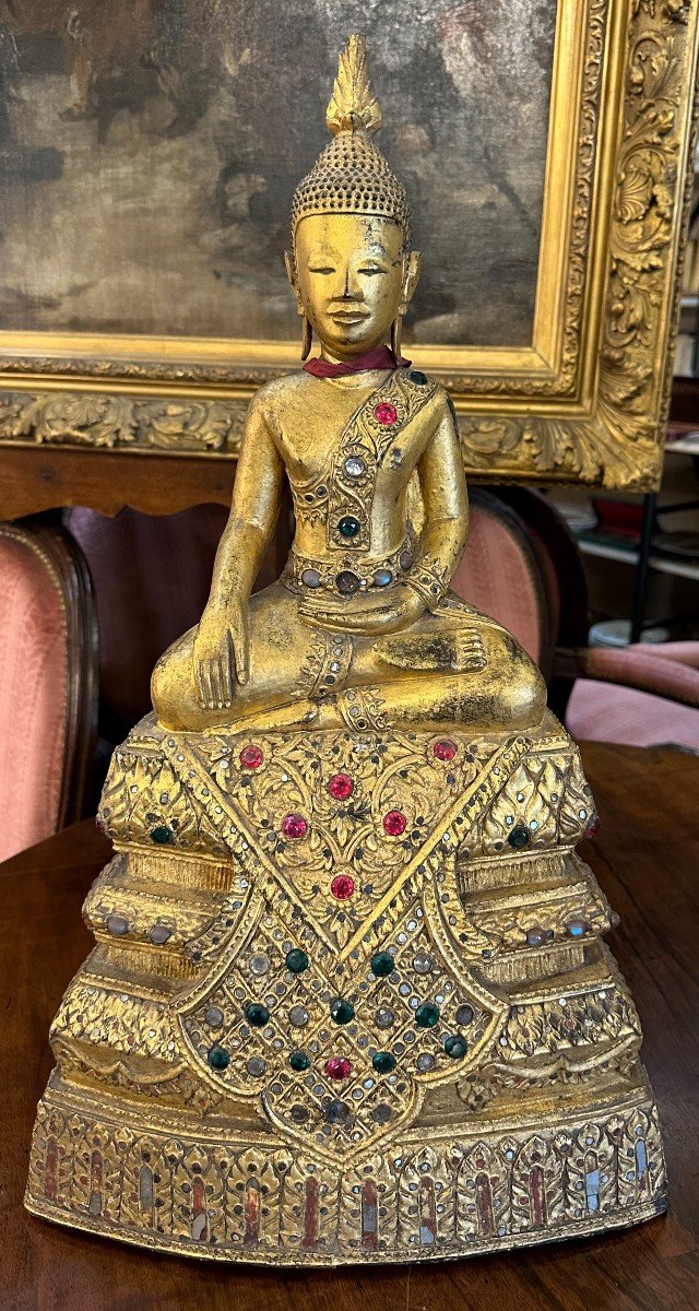 Grande Statue De Bouddha Bois Doré Thaïlande XIXème 108 Cm-photo-2