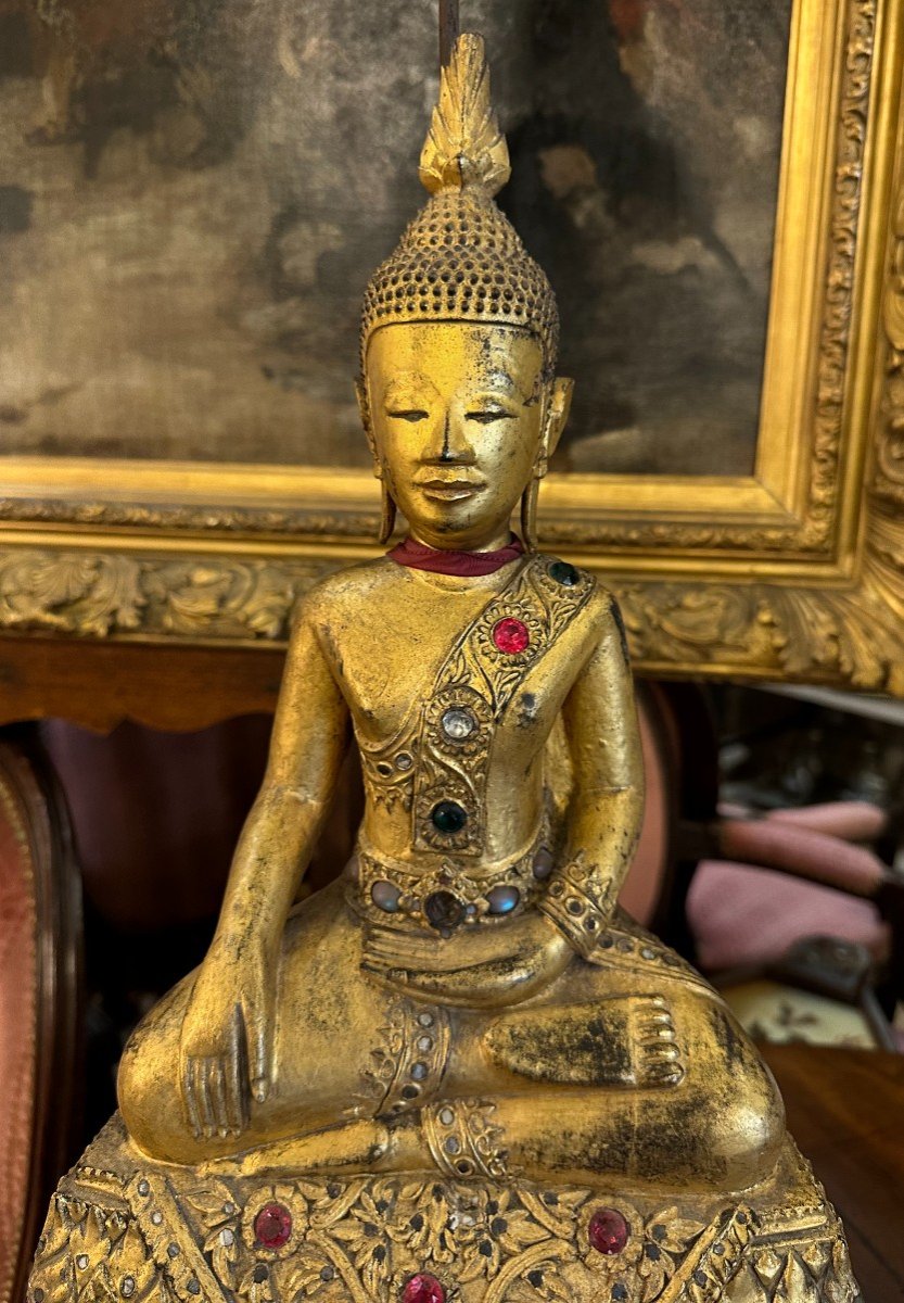 Grande Statue De Bouddha Bois Doré Thaïlande XIXème 108 Cm-photo-4