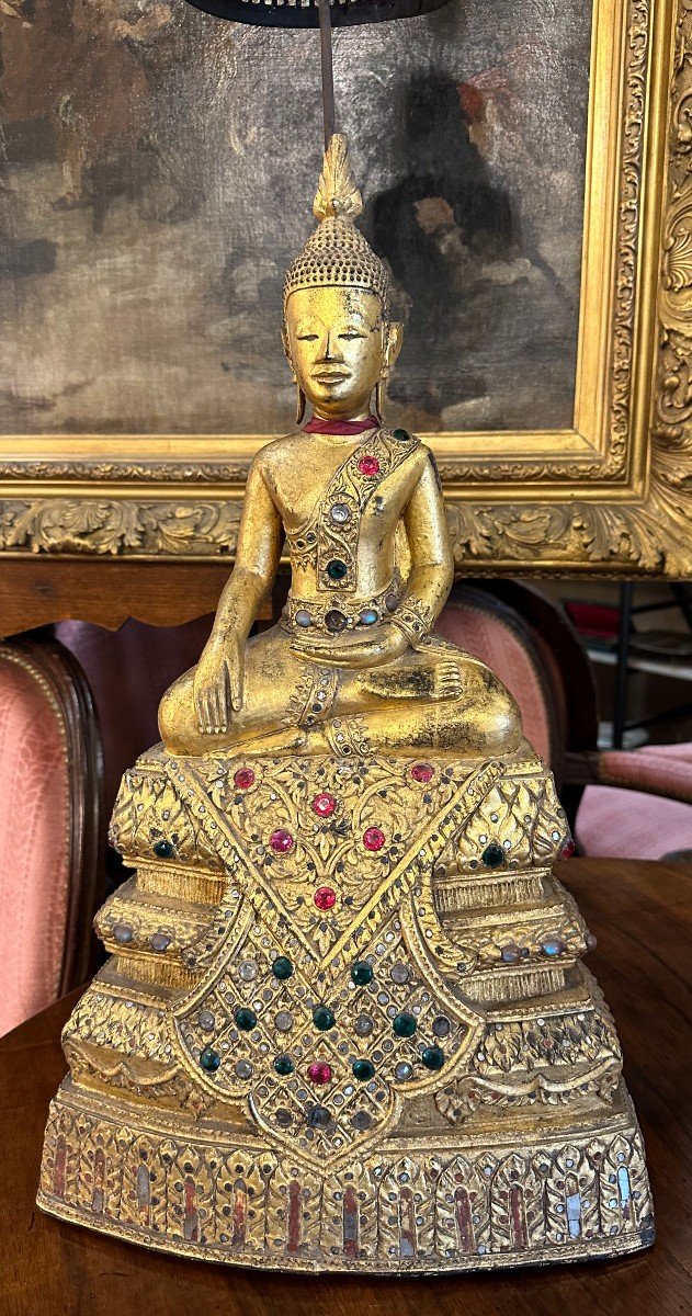 Grande Statue De Bouddha Bois Doré Thaïlande XIXème 108 Cm-photo-2