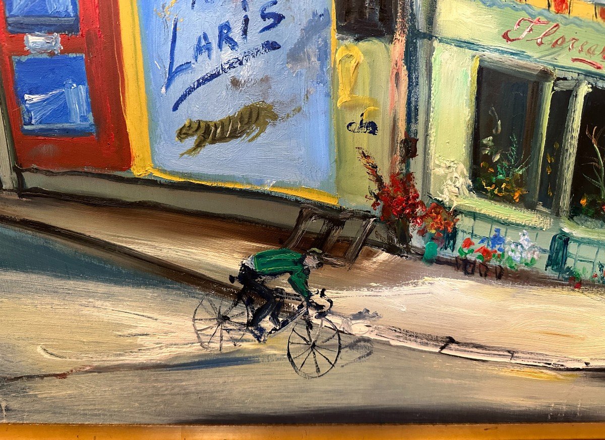 Large Painting The Cyclist In The City By The Franche-comté Painter Roger Comte 1960-photo-2