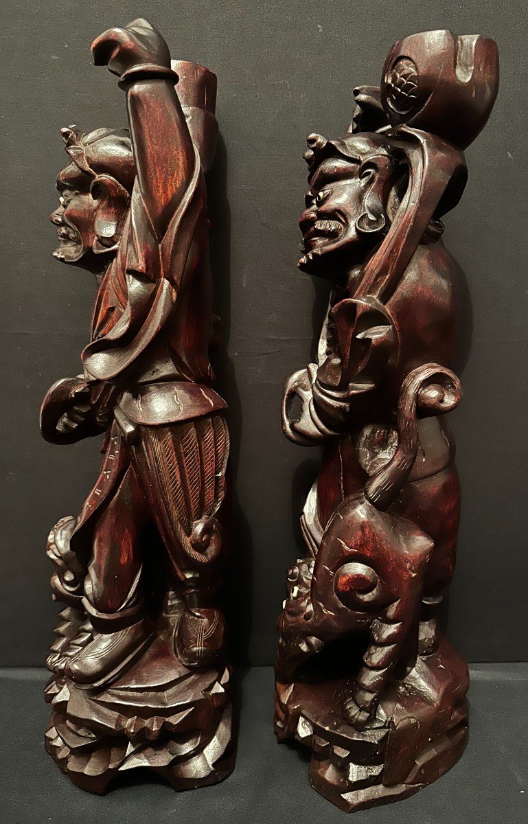 Chine Paire De Sculptures Bois  Immortels Et Tigres Dynastie Qing Fin XIXème 49 cm-photo-2