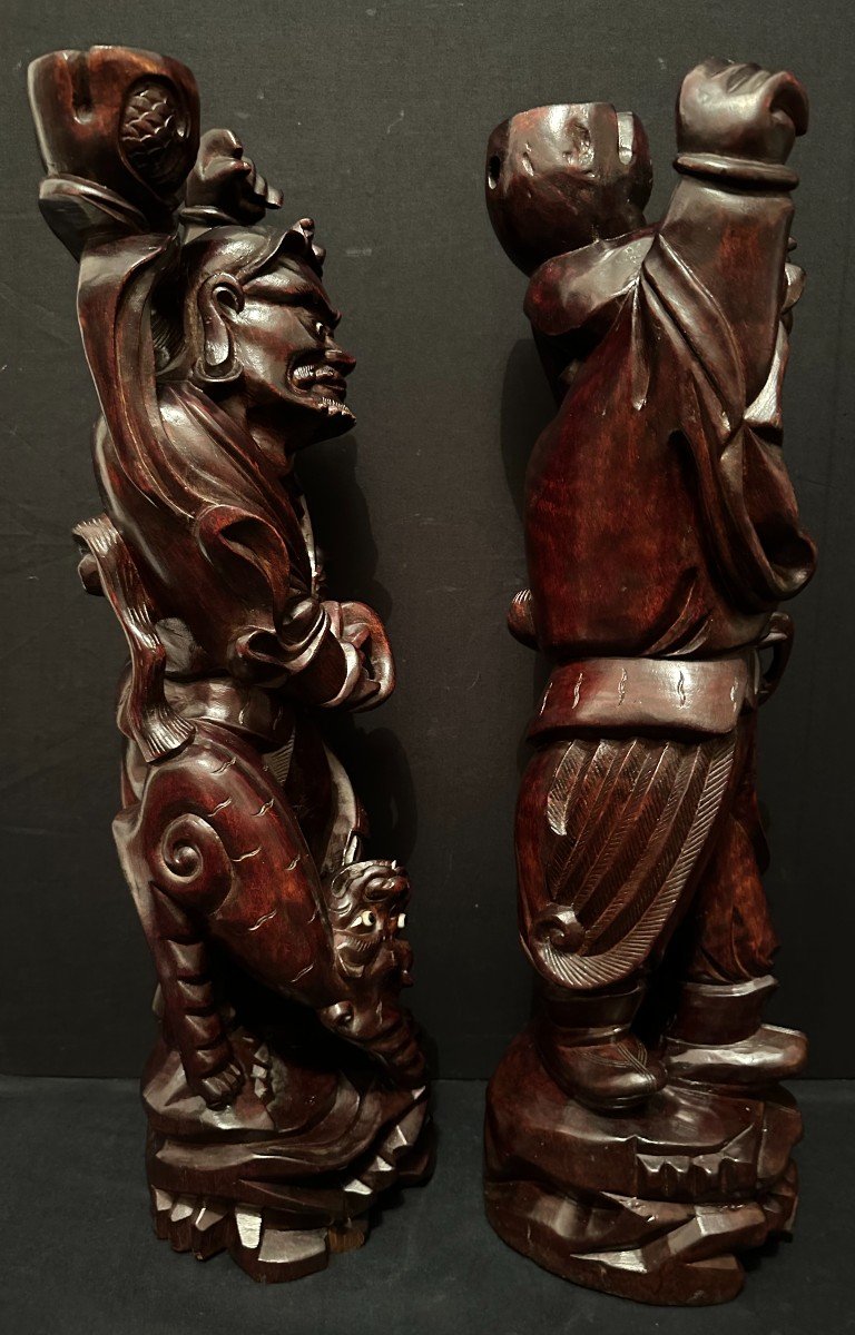 Chine Paire De Sculptures Bois  Immortels Et Tigres Dynastie Qing Fin XIXème 49 cm-photo-4