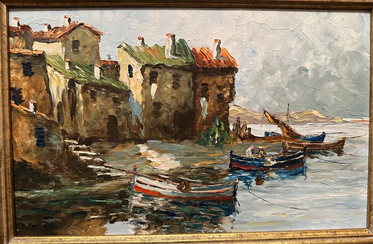 Marine Painting Boats At Quay In The Mediterranean Saint Tropez ? By Rudolf Cermak Around 1930-photo-2