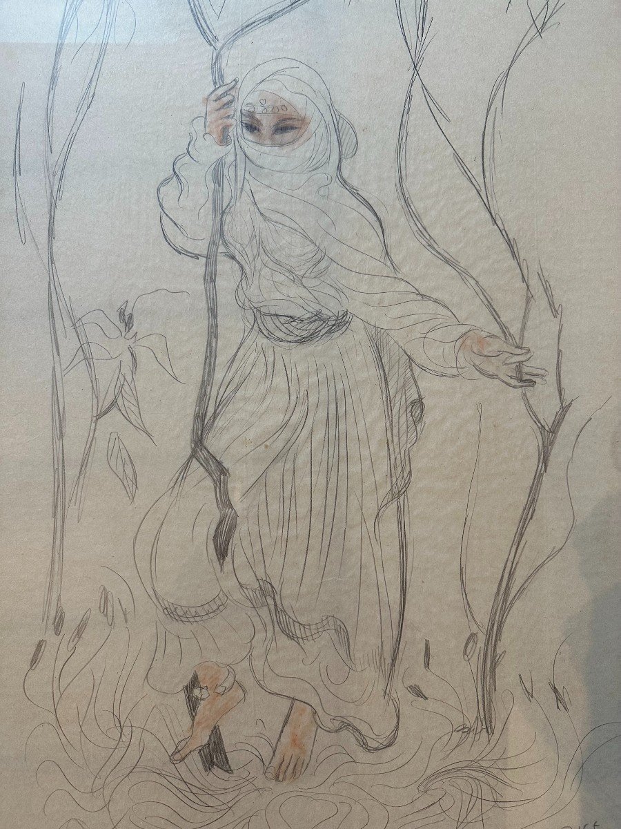 Large Orientalist Drawing Young Woman In Garden By B Rice 89 X 53 Cm XXth Century-photo-2