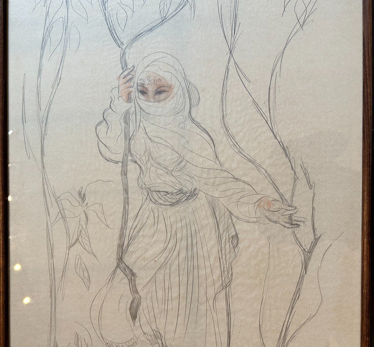 Large Orientalist Drawing Young Woman In Garden By B Rice 89 X 53 Cm XXth Century-photo-4