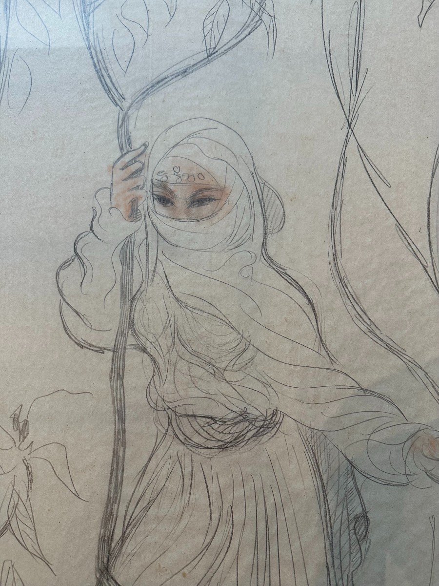 Large Orientalist Drawing Young Woman In Garden By B Rice 89 X 53 Cm XXth Century-photo-2