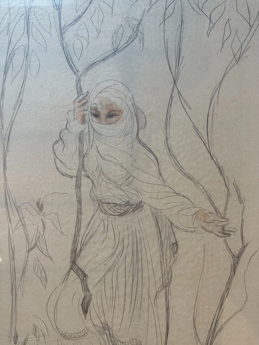 Large Orientalist Drawing Young Woman In Garden By B Rice 89 X 53 Cm XXth Century-photo-5