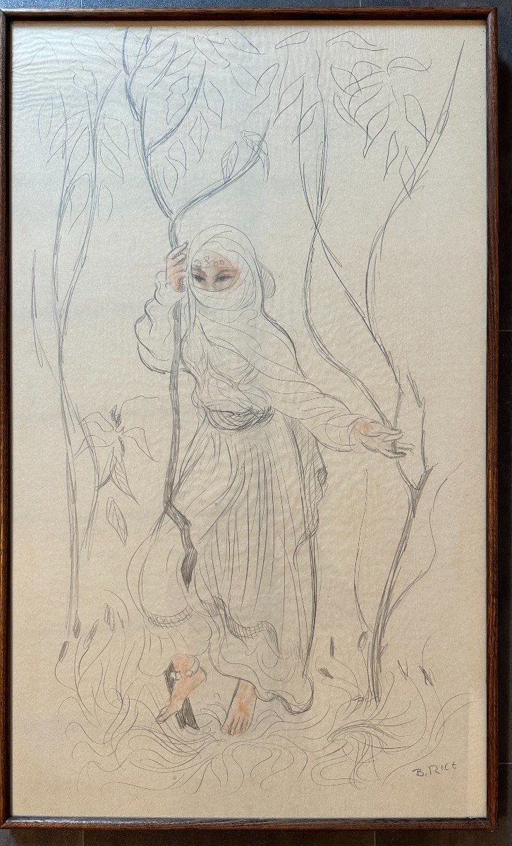 Large Orientalist Drawing Young Woman In Garden By B Rice 89 X 53 Cm XXth Century