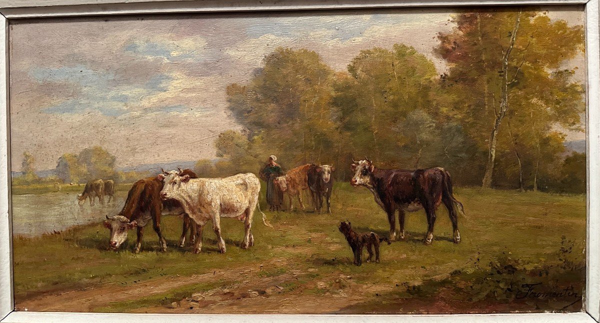 Tableau Troupeau De Vaches Par Le Peintre De La Rochelle Eugène Fromentin XIXème -photo-2