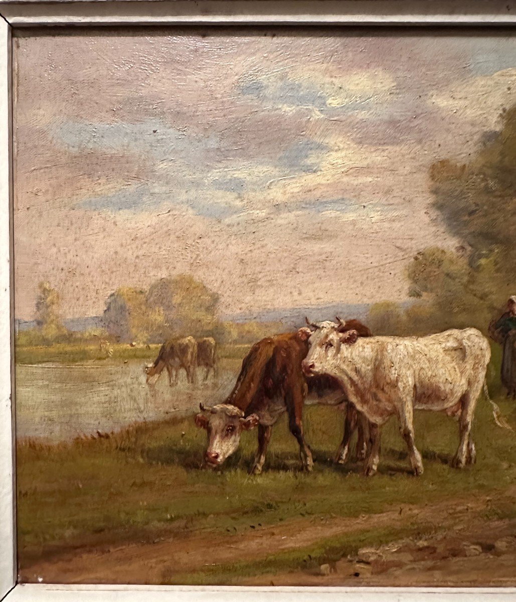 Tableau Troupeau De Vaches Par Le Peintre De La Rochelle Eugène Fromentin XIXème -photo-3