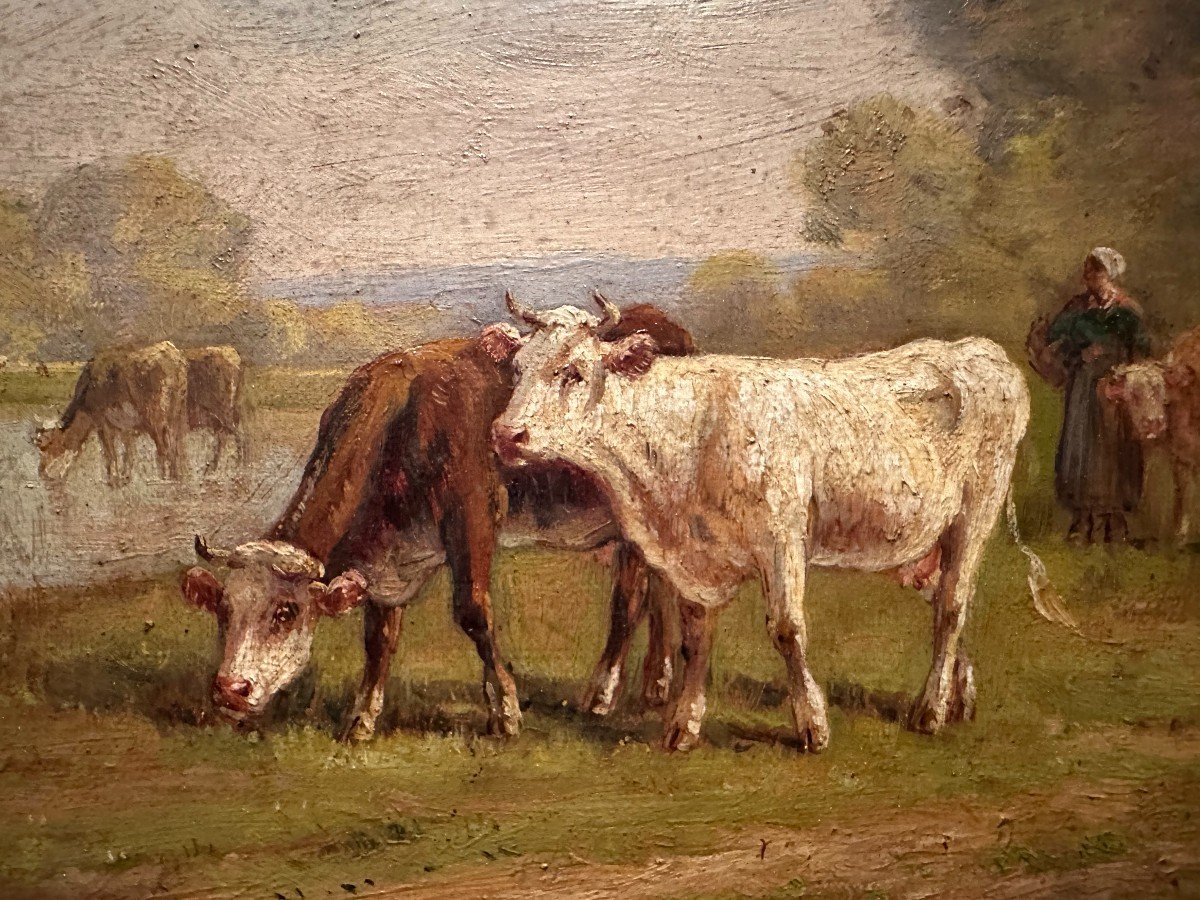 Tableau Troupeau De Vaches Par Le Peintre De La Rochelle Eugène Fromentin XIXème -photo-2