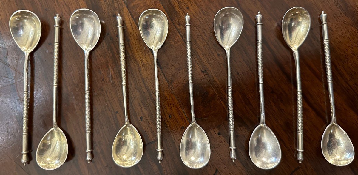 10 Caviar Spoons Solid Silver Niello Russian Goldsmith Ashmarin Matveevich Moscow 1892-photo-2