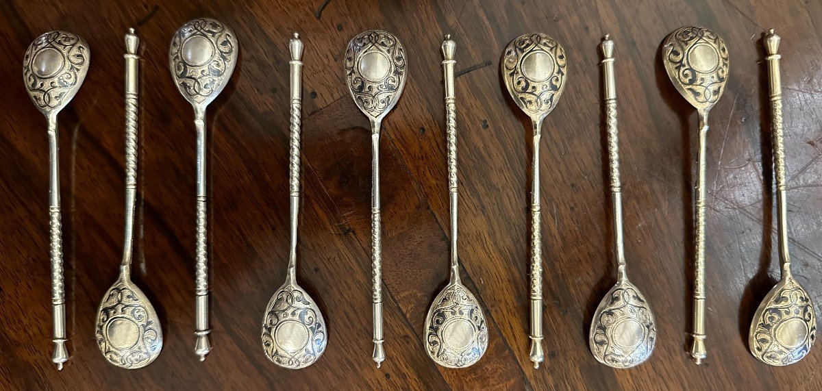 10 Caviar Spoons Solid Silver Niello Russian Goldsmith Ashmarin Matveevich Moscow 1892