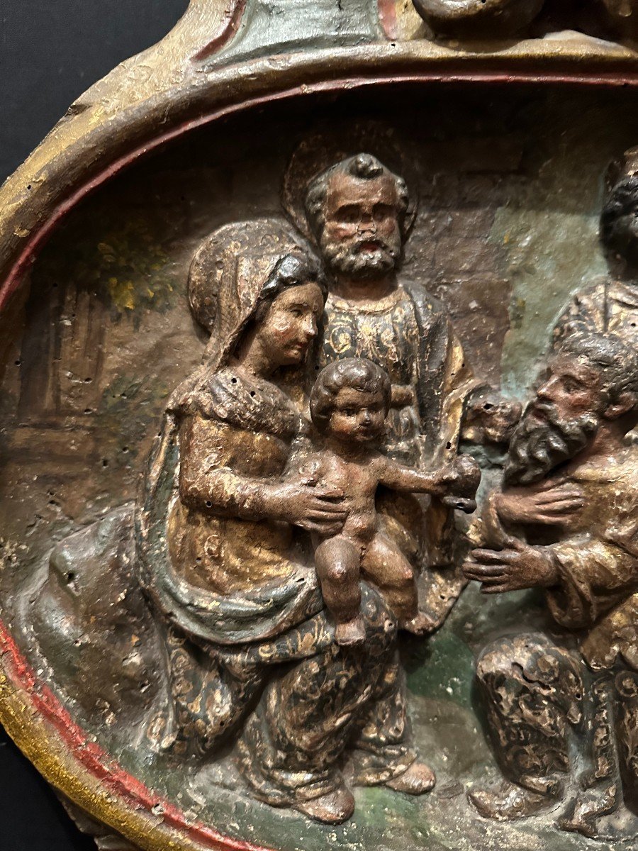 Adoration Des Mages Panneau Bois De Tilleul Polychrome Sculpté En Haut Relief Espagne XVIIème-photo-2