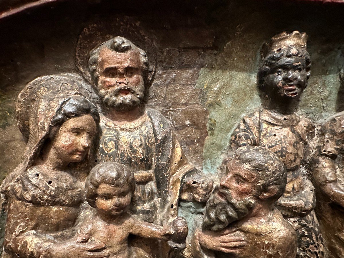 Adoration Des Mages Panneau Bois De Tilleul Polychrome Sculpté En Haut Relief Espagne XVIIème-photo-5