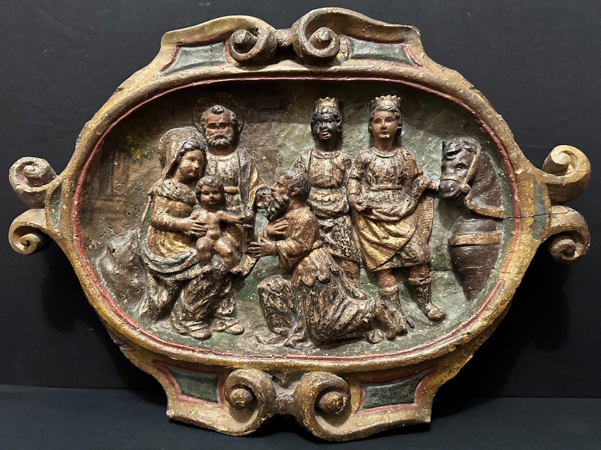 Adoration Des Mages Panneau Bois De Tilleul Polychrome Sculpté En Haut Relief Espagne XVIIème