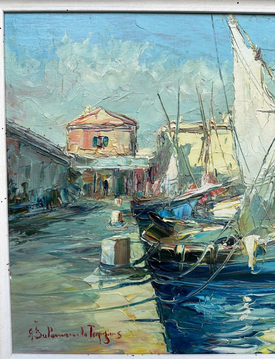 Large Painting Boats At The Quay In Saint-tropez By Salomon Le Tropézien 100 X 50 Cm-photo-2