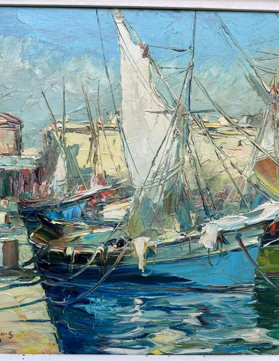 Grand Tableau Bateaux à Quai à Saint- Tropez Par Salomon Le Tropézien 100 x 50 cm-photo-3