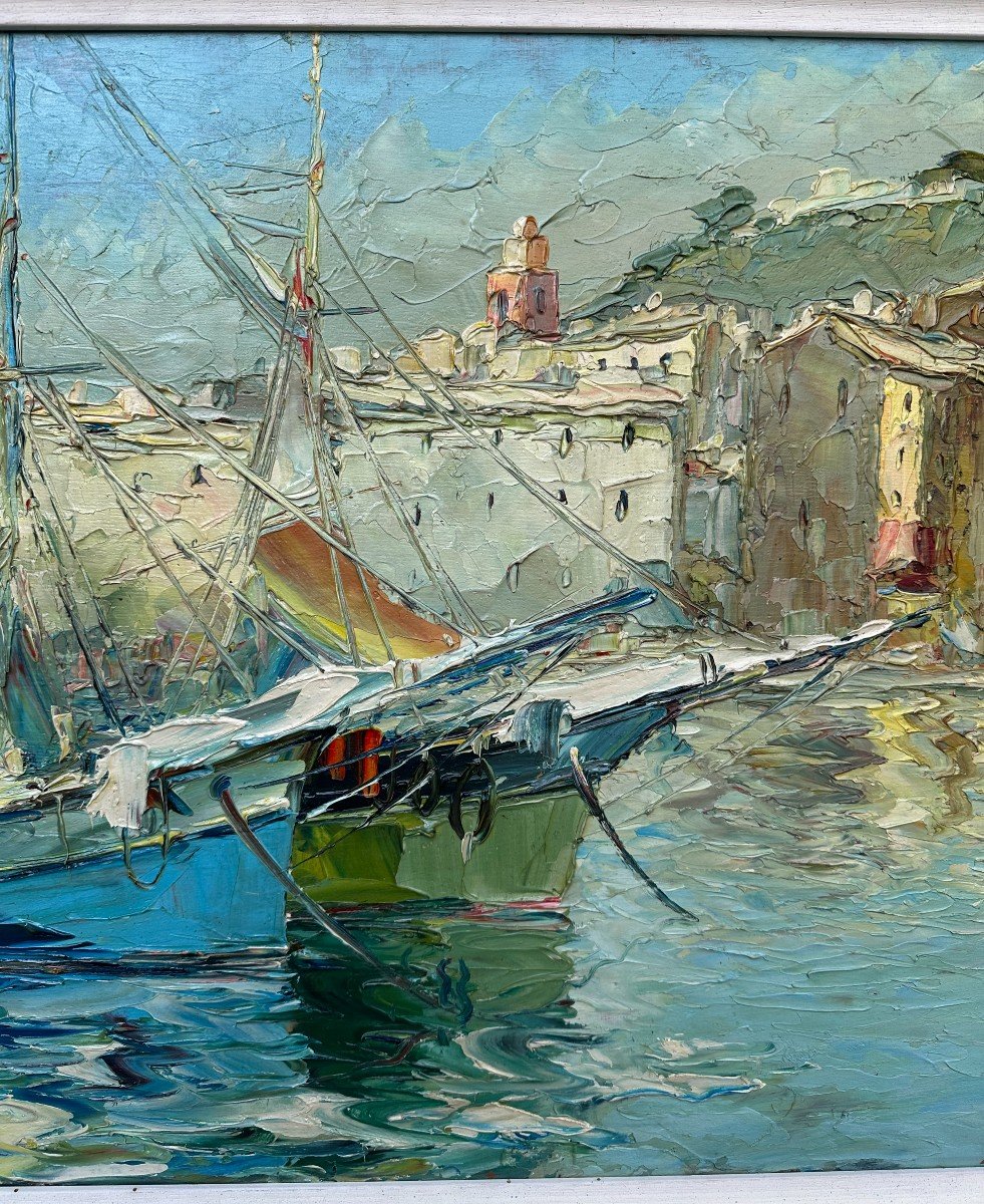 Large Painting Boats At The Quay In Saint-tropez By Salomon Le Tropézien 100 X 50 Cm-photo-4