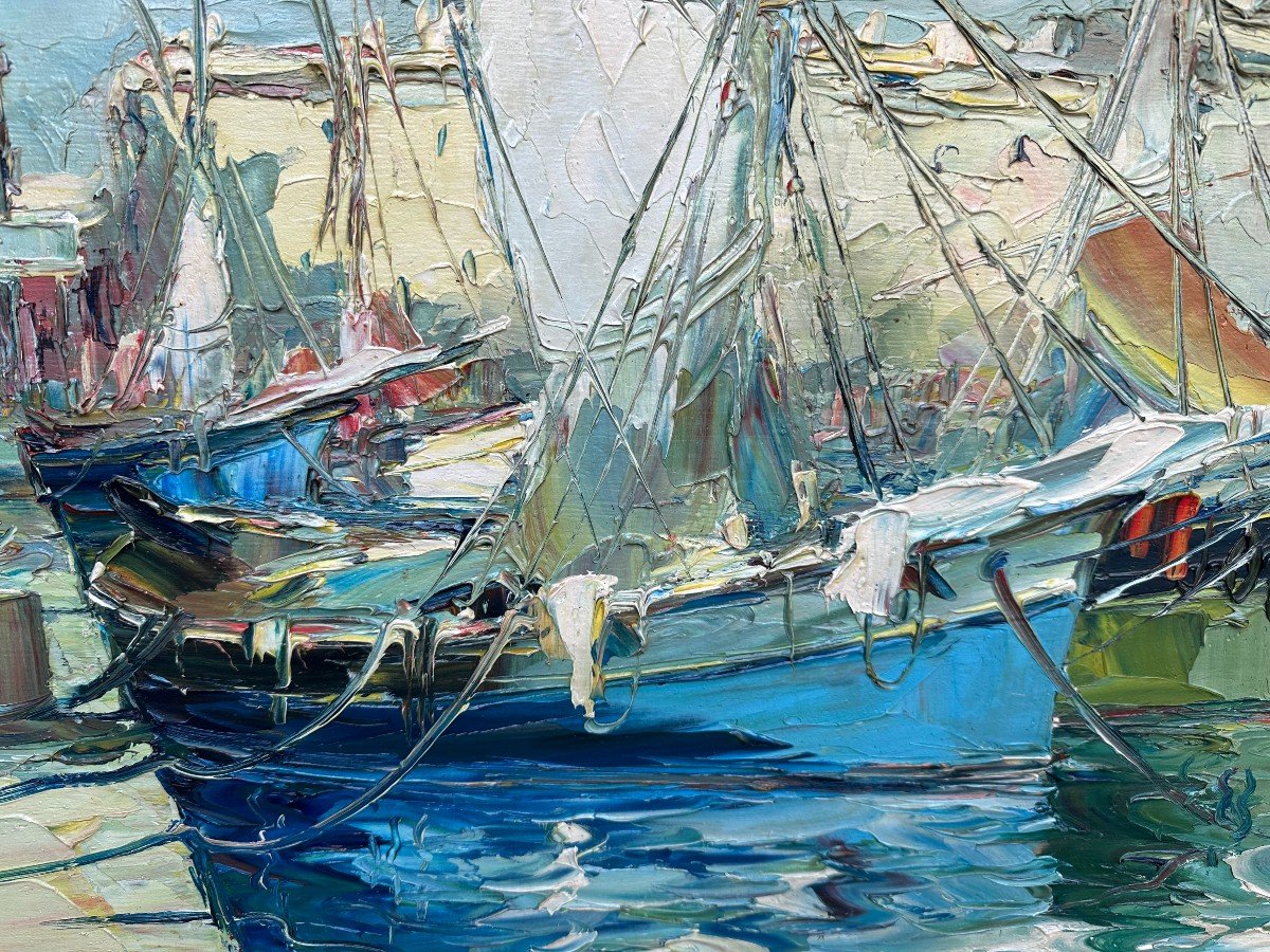 Large Painting Boats At The Quay In Saint-tropez By Salomon Le Tropézien 100 X 50 Cm-photo-2