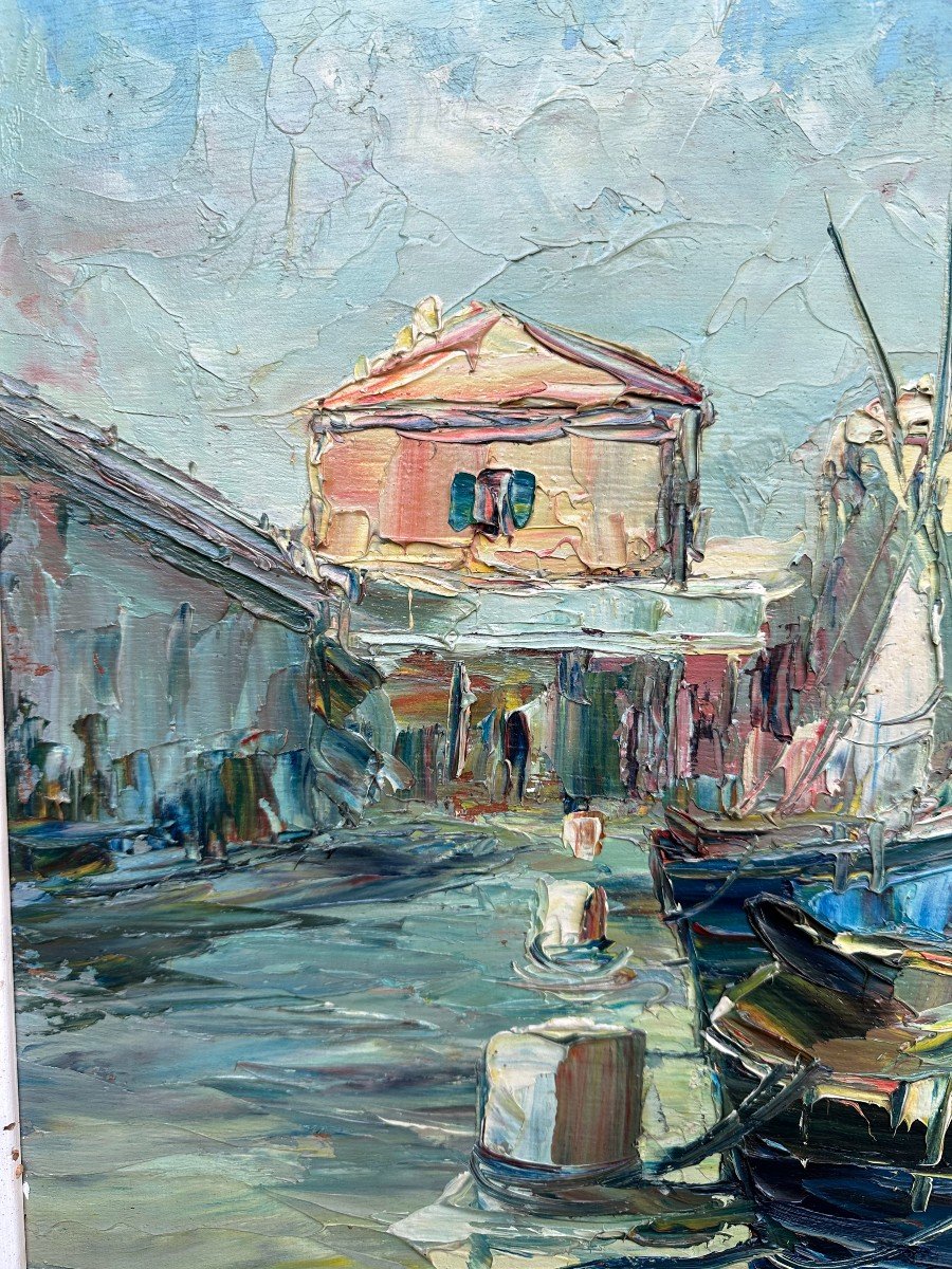 Grand Tableau Bateaux à Quai à Saint- Tropez Par Salomon Le Tropézien 100 x 50 cm-photo-3