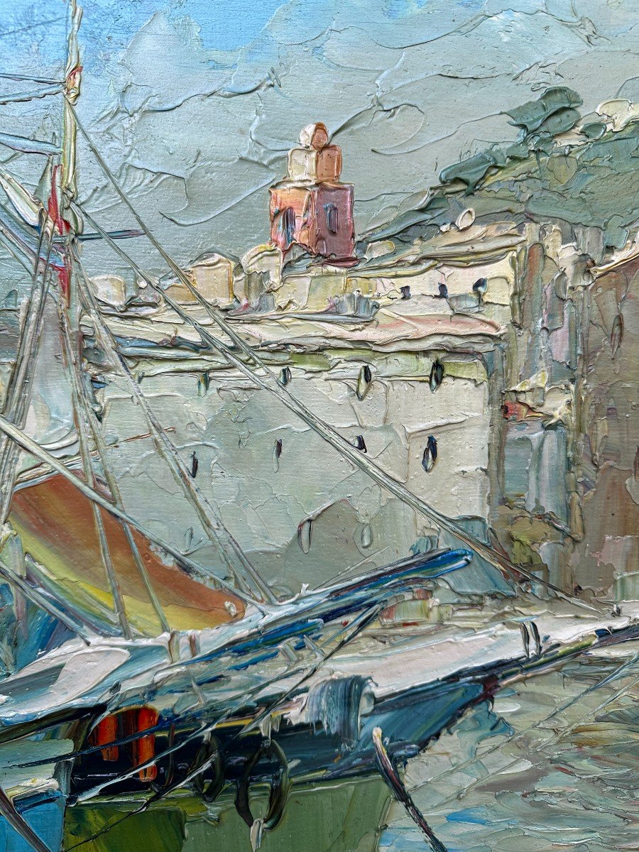 Large Painting Boats At The Quay In Saint-tropez By Salomon Le Tropézien 100 X 50 Cm-photo-4