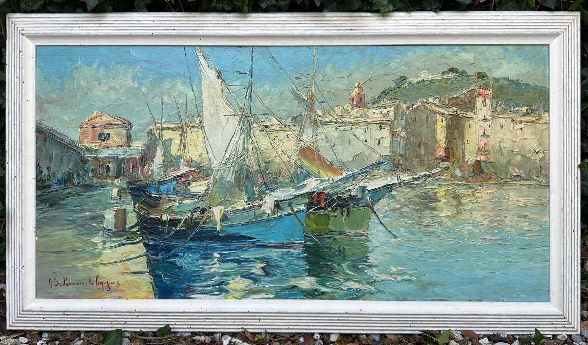 Large Painting Boats At The Quay In Saint-tropez By Salomon Le Tropézien 100 X 50 Cm