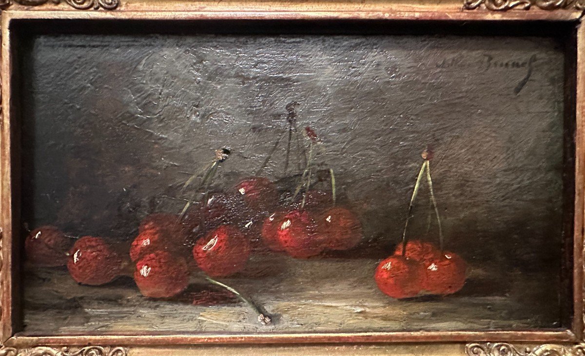 Small Still Life Painting With Cherries By Brunel De Neuville-photo-2