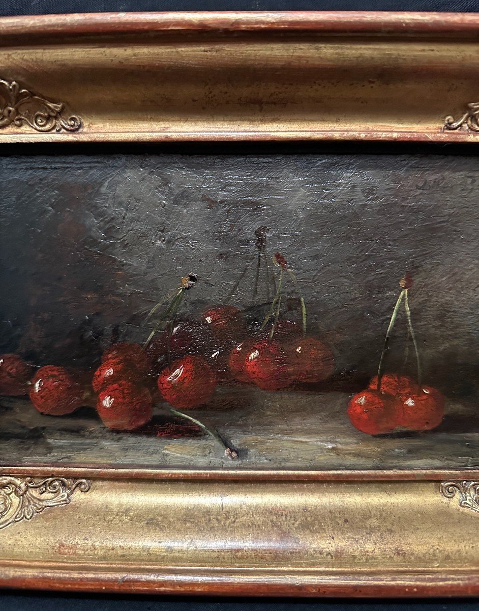 Small Still Life Painting With Cherries By Brunel De Neuville-photo-4