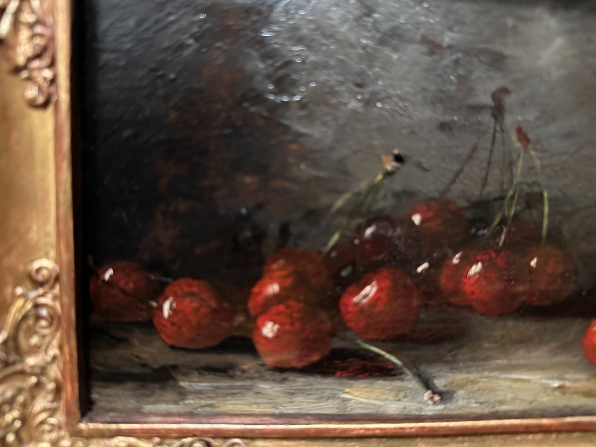 Small Still Life Painting With Cherries By Brunel De Neuville-photo-2