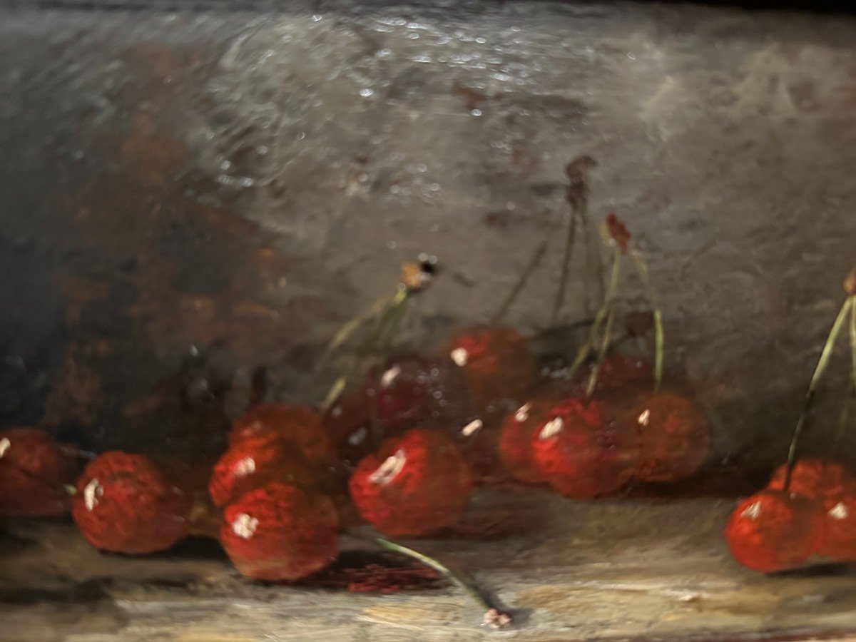 Small Still Life Painting With Cherries By Brunel De Neuville-photo-3