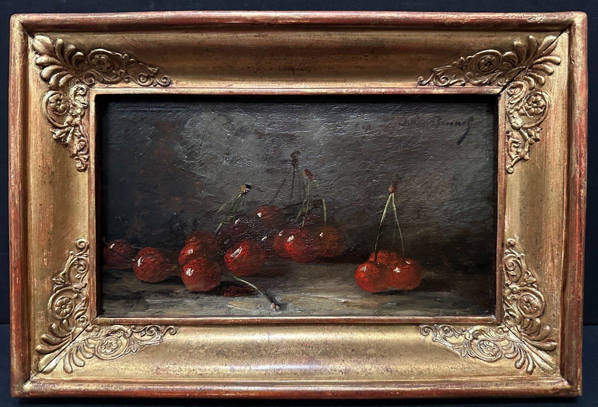 Small Still Life Painting With Cherries By Brunel De Neuville