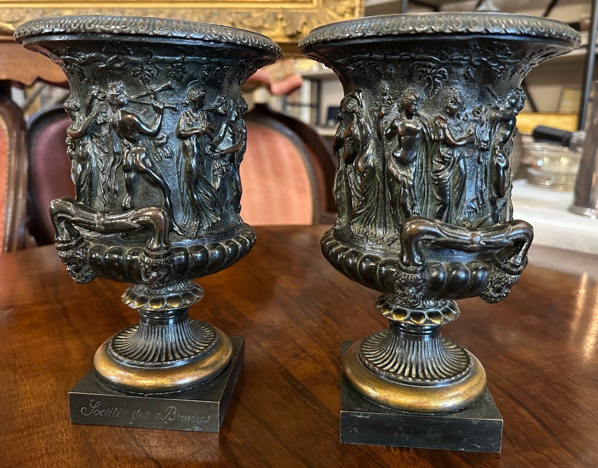 Paire De Vases Médicis En Bronze à l'Antique Société Des Bronzes De Paris Fondeur Fin XIXème-photo-2