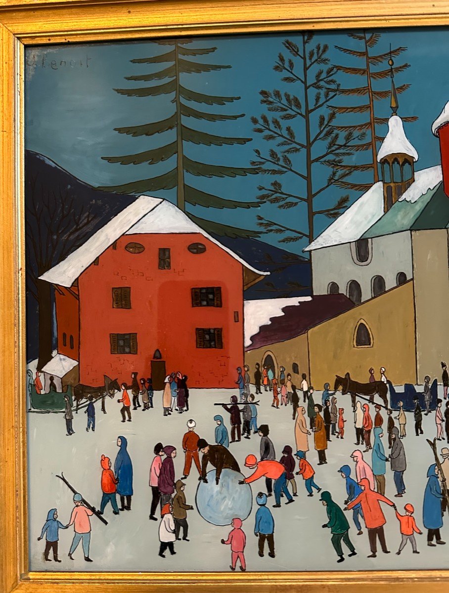 Naive Painting The Skiers Fixed Under Glass By Jacqueline Benoit 1961-photo-2